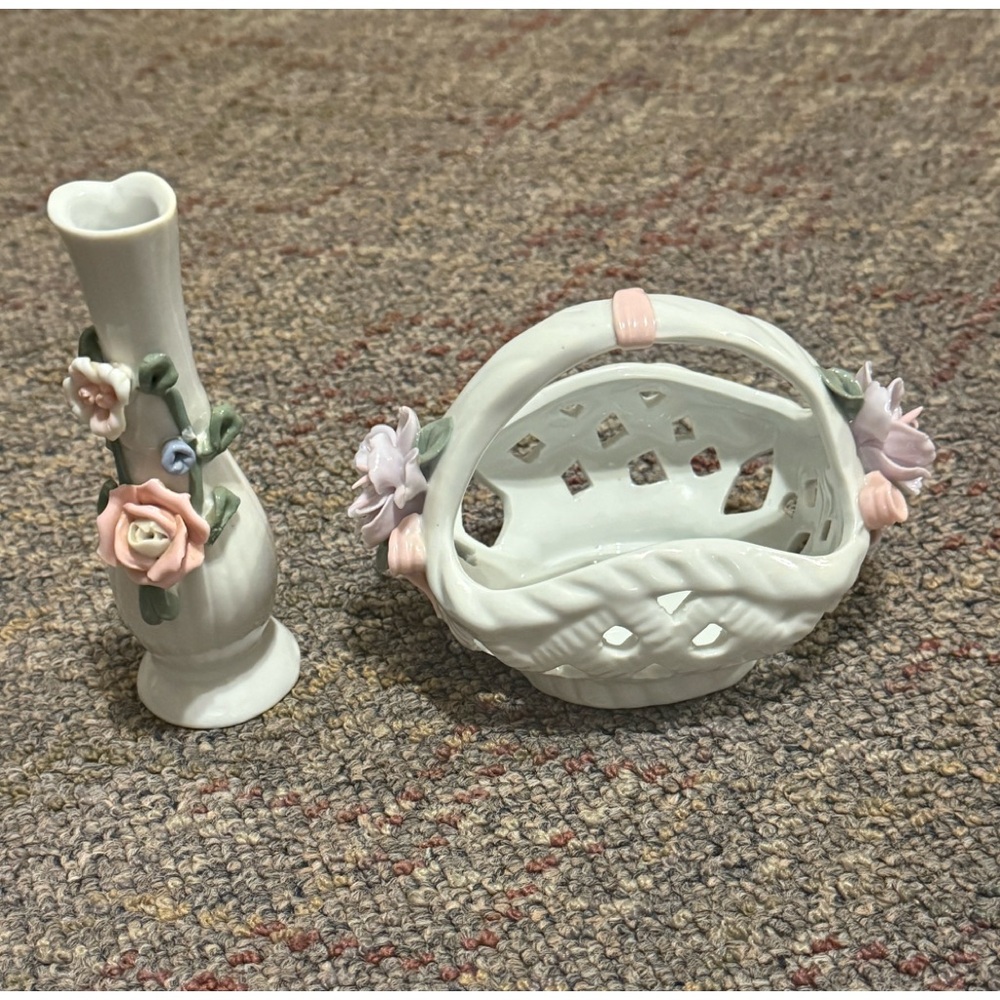 Sculpted Porcelain 3D Floral Basket & Bud Vase Vintage  Set